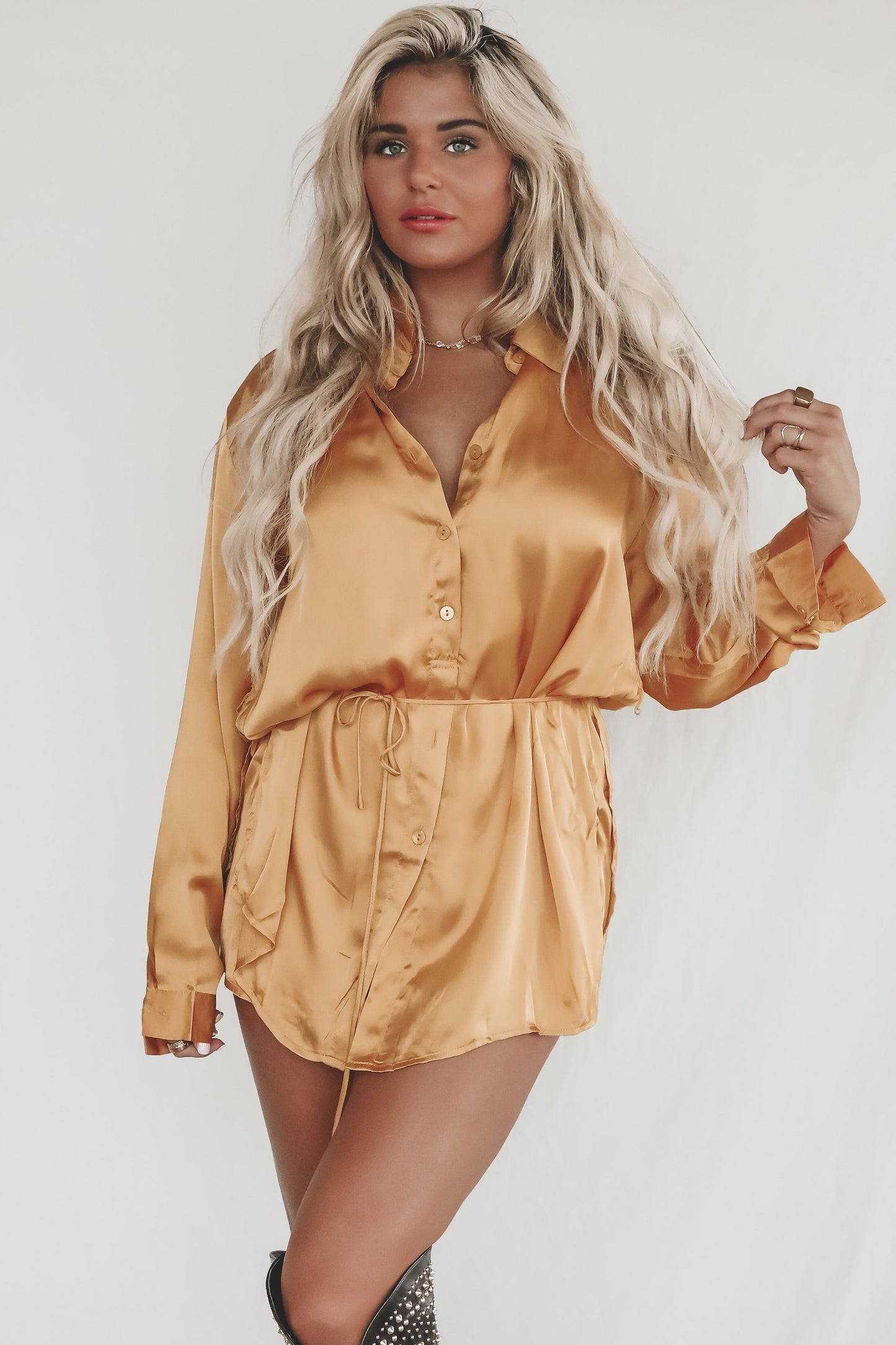 So Here For This Satin Button Up Romper Dress