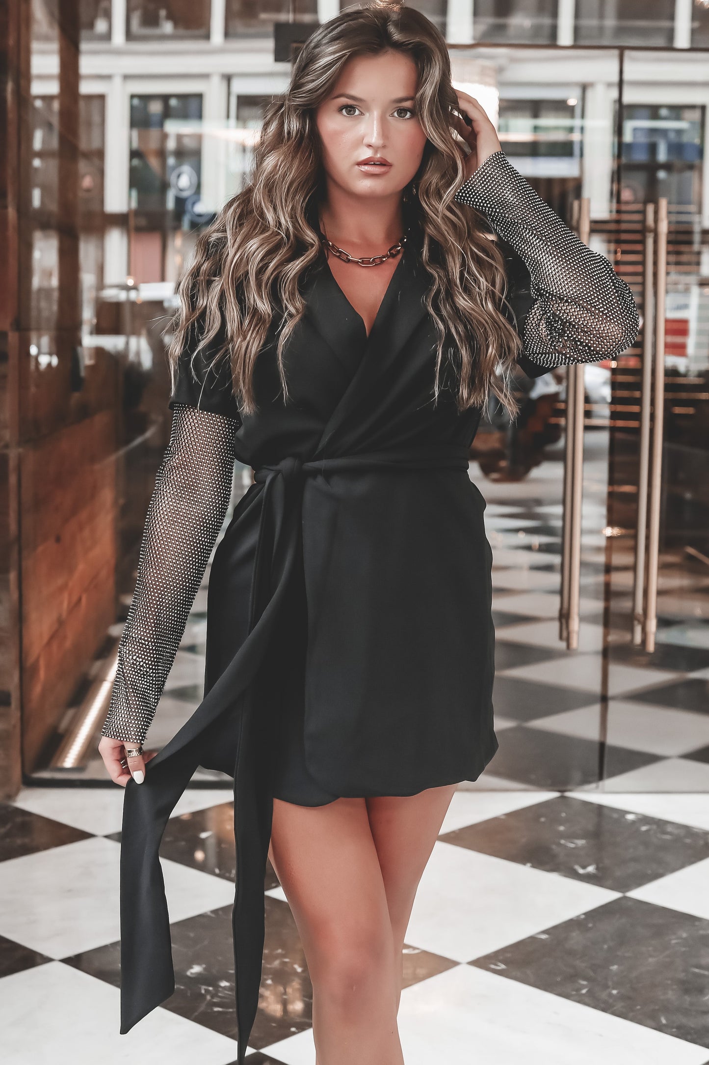 Sassy And Sophisticated Rhinestone Sleeve Blazer Dress