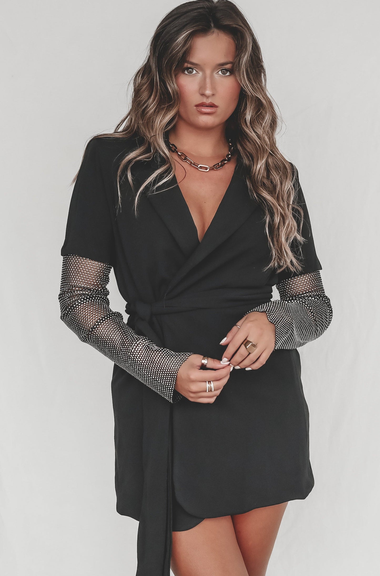 Sassy And Sophisticated Rhinestone Sleeve Blazer Dress