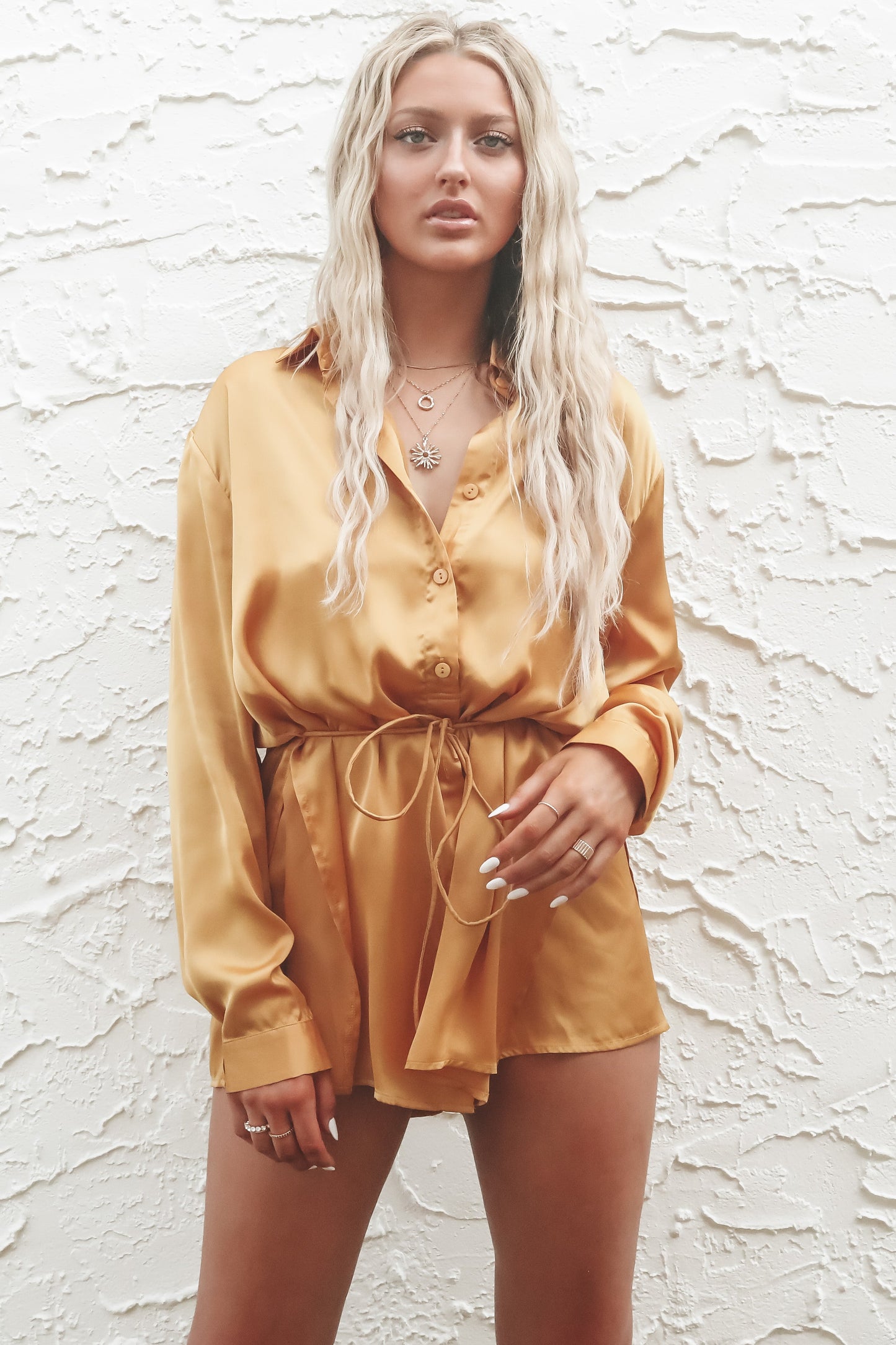 So Here For This Satin Button Up Romper Dress