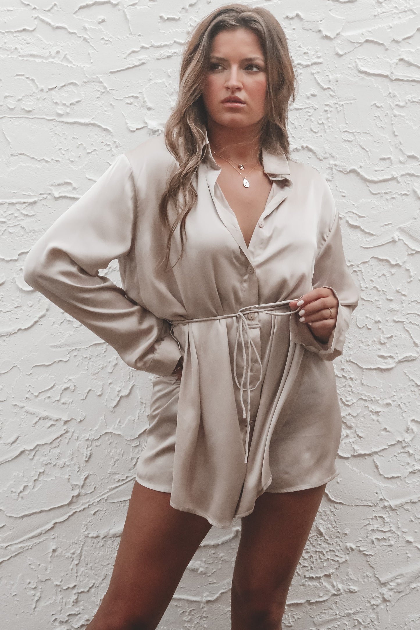 So Here For This Satin Button Up Romper Dress