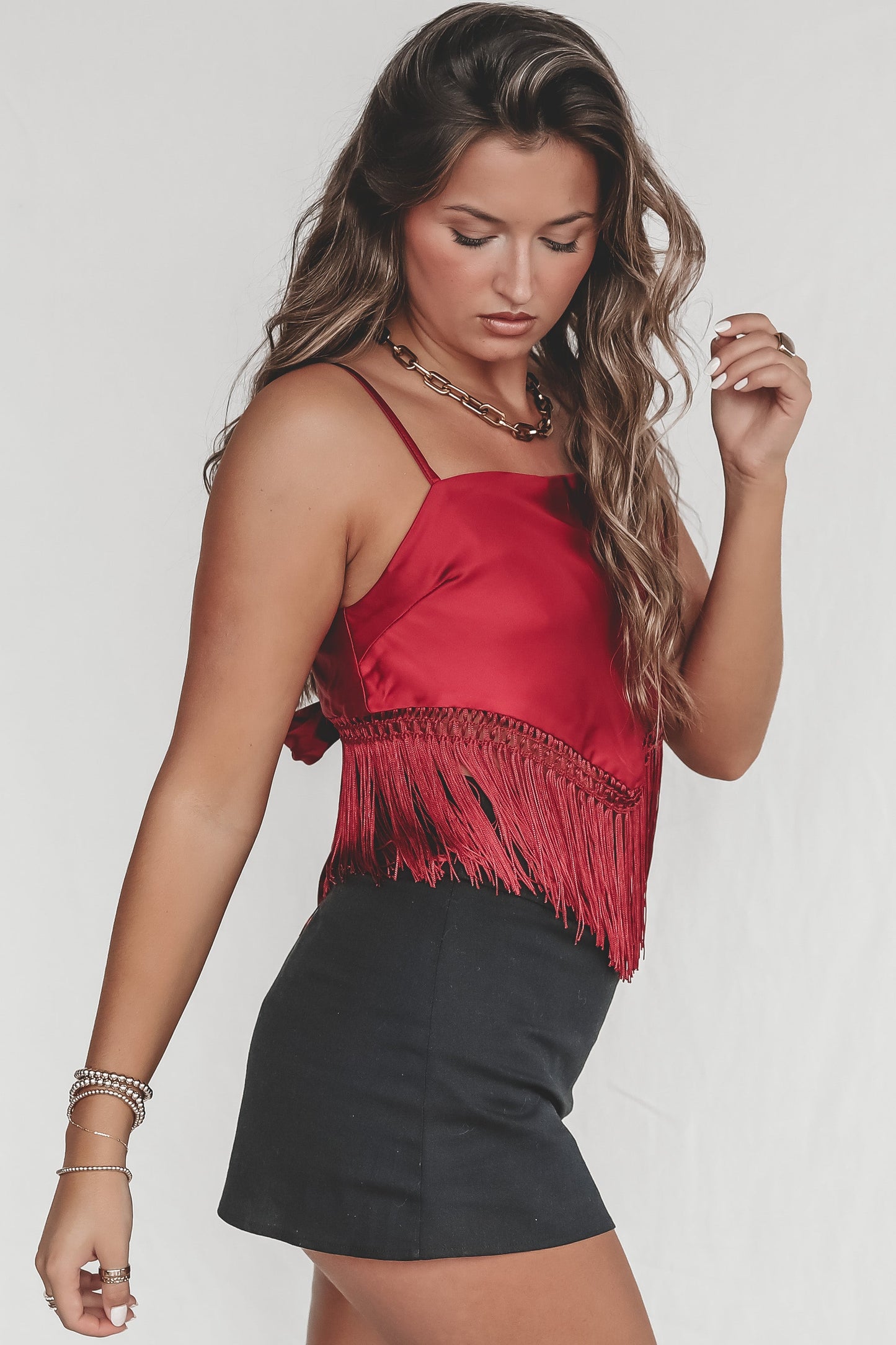 Breakout Babe Burgundy Satin Fringe Back Tie Top